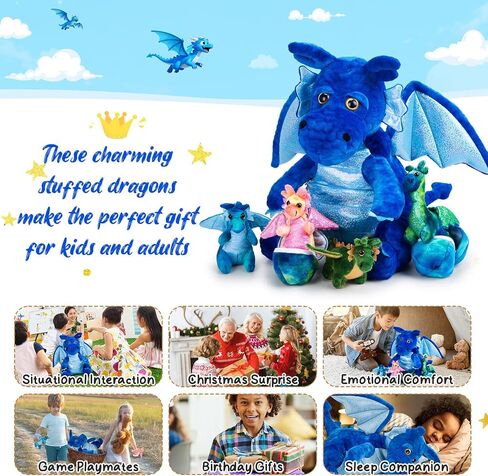 7 PCS Dragon Plush Toys مجموعة 15.75 "Mom Dragon Mom كبيرة محشو بالحيوان مع 4 أطفال لطيفين وبيض في بطن الأم للأطفال عيد ميلاد عيد ميلاد الجوائز (الأخضر) in Kuwait