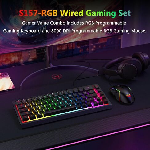 مجموعة لوحة مفاتيح وماوس سلكية للألعاب من Redragon، بإضاءة خلفية RGB، لوحة مفاتيح ماكرو مدمجة 26 مفتاحًا مضادة للظلال بنسبة 60% + ماوس ضوئي قابل للبرمجة بدقة 8000 نقطة في البوصة مع برنامج للكمبيوتر المحمول in Kuwait