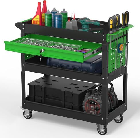3 Tier Rolling Tool Cart on Wheels, 550 LBS Tool Cart with Drawers，Heavy Duty Utility Cart with Pegboard and Hook，Mechanic Tool Storage Cart for Garage, Warehouse and Repair Shop(Dark Blue) in Saudi Arabia