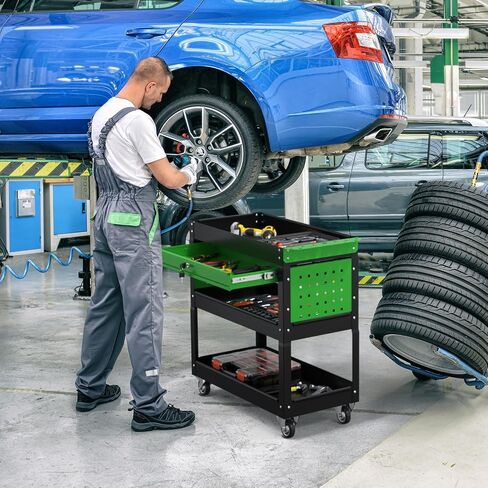 3 Tier Rolling Tool Cart on Wheels, 550 LBS Tool Cart with Drawers，Heavy Duty Utility Cart with Pegboard and Hook，Mechanic Tool Storage Cart for Garage, Warehouse and Repair Shop(Dark Blue) in Saudi Arabia