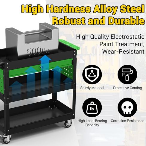 3 Tier Rolling Tool Cart on Wheels, 550 LBS Tool Cart with Drawers，Heavy Duty Utility Cart with Pegboard and Hook，Mechanic Tool Storage Cart for Garage, Warehouse and Repair Shop(Dark Blue) in Saudi Arabia