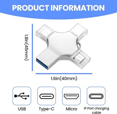 محرك أقراص فلاش USB 4 في 1 سعة 64 جيجابايت - محرك إبهام عالي السرعة مزود بمنفذ USB 3.0، ومنفذ من النوع C، ومنفذ إضاءة، لحفظ الصور/الفيديو/البيانات in Kuwait