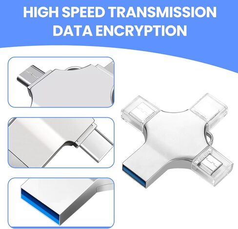 محرك أقراص فلاش USB 4 في 1 سعة 64 جيجابايت - محرك إبهام عالي السرعة مزود بمنفذ USB 3.0، ومنفذ من النوع C، ومنفذ إضاءة، لحفظ الصور/الفيديو/البيانات in Kuwait