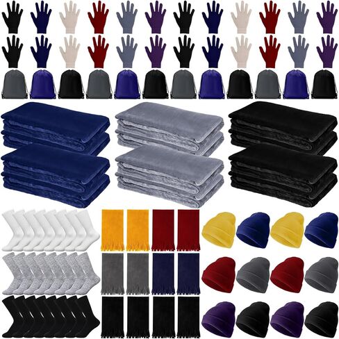 Suhine 72 Pcs Homeless Care Package Supplies Bulk Winter Gloves Beanies Scarves Blanket Socks Drawstring Bags for Unisex in Saudi Arabia