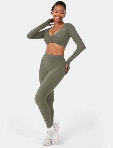 YEOREO Long Sleeve Crop Tops for Women Agantha Deep V Neck Ruched Padded Workout Gym Cropped T Shirt Top with Thumb Holes in Saudi Arabia