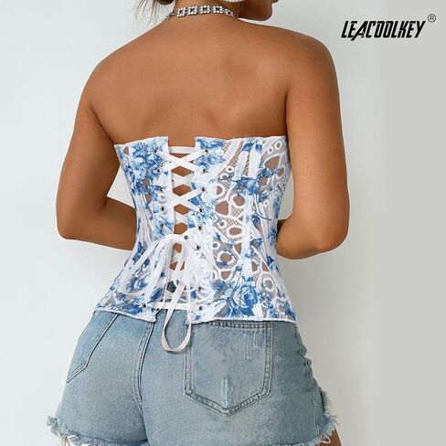 Lacework Corset Top for Women Sexy Textured Sheer Floral Lace Bustier Cincher Lace-up Corset Halloween Overbust Top in Saudi Arabia