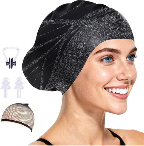 Long Hair Silicone Swim Cap Highly Elastic Keeps Hair Dry Suitable for Curly Hair, Braided Hair, African Dreadlocks, Thick Hair, and Inner Silk Lining Swim Cap in Saudi Arabia
