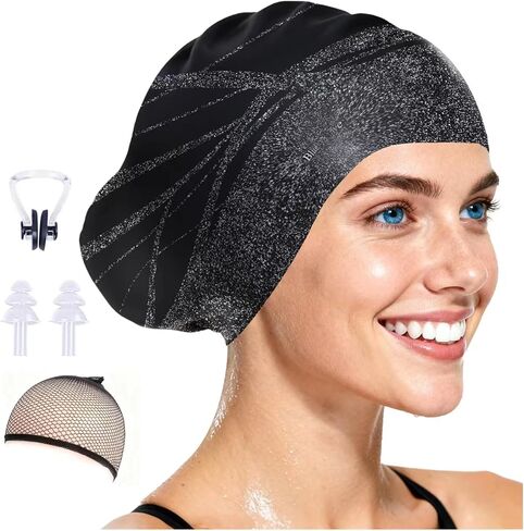 Long Hair Silicone Swim Cap Highly Elastic Keeps Hair Dry Suitable for Curly Hair, Braided Hair, African Dreadlocks, Thick Hair, and Inner Silk Lining Swim Cap in Saudi Arabia