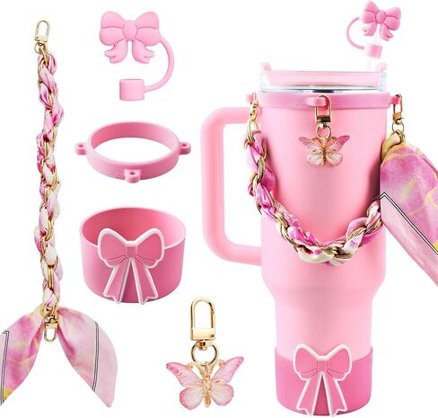 OFFCURVE 5PCS Butterfly Cup Accessories for Stanley Owala, Water Bottle Handle Strap for Stanley 30/40 oz, Including Straw Toppers, Silicone Cup Boot, Keychain Charms, Cup Decoration for Women Girls in Saudi Arabia