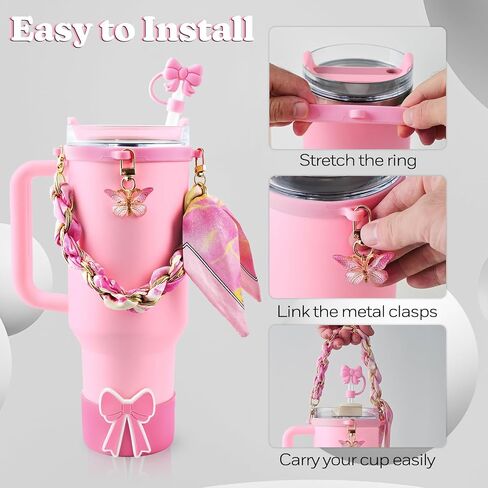 OFFCURVE 5PCS Butterfly Cup Accessories for Stanley Owala, Water Bottle Handle Strap for Stanley 30/40 oz, Including Straw Toppers, Silicone Cup Boot, Keychain Charms, Cup Decoration for Women Girls in Saudi Arabia