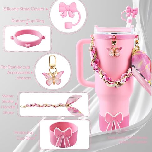 OFFCURVE 5PCS Butterfly Cup Accessories for Stanley Owala, Water Bottle Handle Strap for Stanley 30/40 oz, Including Straw Toppers, Silicone Cup Boot, Keychain Charms, Cup Decoration for Women Girls in Saudi Arabia