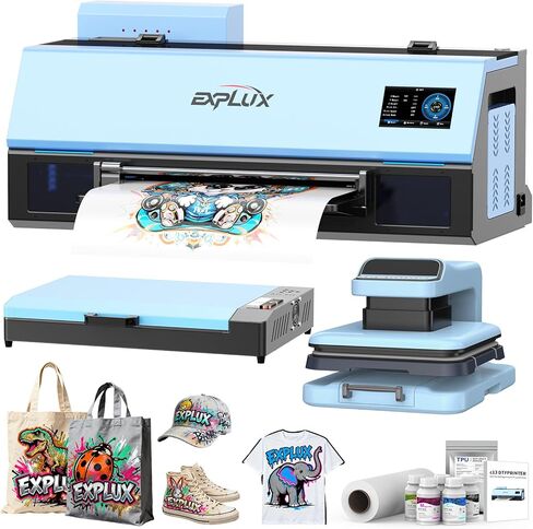 Explux A3 DTF Printer ، XP600 Turbo Printhead ، 2x أسرع الإخراج ، تصميم مضاد للكلوج+عرض متعدد الوظائف LED ، متوافق متعدد المواد ، حبر الهدايا لمدة عامين (طابعة+مسحوق Shaker+Heat Press+Filter) in Kuwait