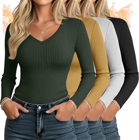 4 Pack Women's Long Sleeve Shirts V Neck Ribbed Fitted Tops Fleece Lined Thermal Base Layer Undershirts Basic Tee in Saudi Arabia