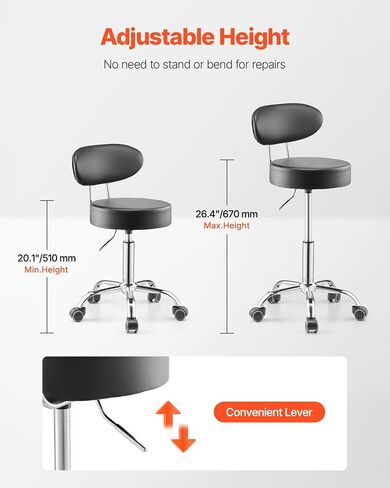 VEVOR Shop Stool with Backrest, Pneumatic Garage Seat/Work Stool with 300 lbs Capacity, Adjustable Height Roller Creeper Seat, 360° Swivel Padded Workshop Stool, for Garage, Shop & Auto Repair, Black in Saudi Arabia