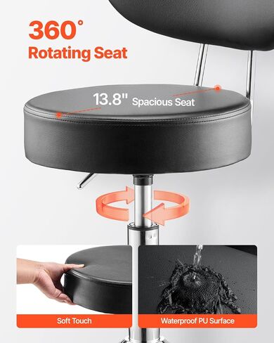VEVOR Shop Stool with Backrest, Pneumatic Garage Seat/Work Stool with 300 lbs Capacity, Adjustable Height Roller Creeper Seat, 360° Swivel Padded Workshop Stool, for Garage, Shop & Auto Repair, Black in Saudi Arabia