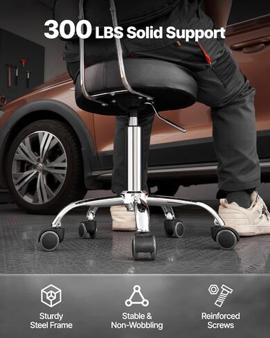 VEVOR Shop Stool with Backrest, Pneumatic Garage Seat/Work Stool with 300 lbs Capacity, Adjustable Height Roller Creeper Seat, 360° Swivel Padded Workshop Stool, for Garage, Shop & Auto Repair, Black in Saudi Arabia