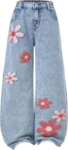 Verdusa Girl's Floral Jeans Boho Wide Straight Leg Denim Pants with Pockets in Saudi Arabia