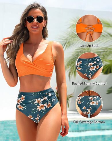 Yonique Women's Two Piece High Waisted Bikini Set Tummy Control Swimsuit Full Coverage Bathing Suit Pink Floral XL in Saudi Arabia