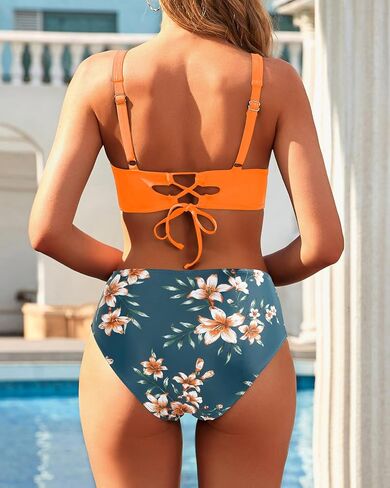 Yonique Women's Two Piece High Waisted Bikini Set Tummy Control Swimsuit Full Coverage Bathing Suit Pink Floral XL in Saudi Arabia