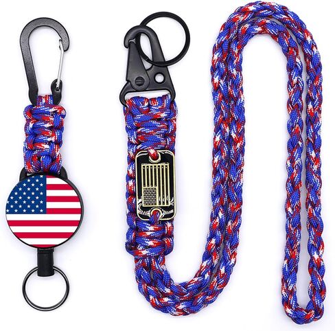 2 أجهزة كمبيوتر مفتاح قابلة للسحب ، حامل شارة Carabiner الثقيلة مع بكرة مقطع معرف قابلة للتمديد ، USA Flag Paracord Lanyard ، Cable Cable & Parachute Rope Necklace in Kuwait