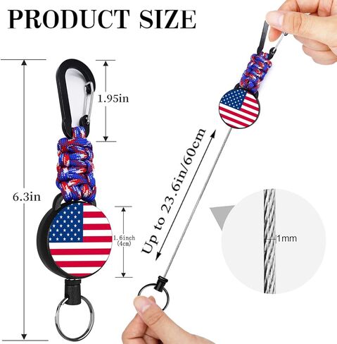 2 أجهزة كمبيوتر مفتاح قابلة للسحب ، حامل شارة Carabiner الثقيلة مع بكرة مقطع معرف قابلة للتمديد ، USA Flag Paracord Lanyard ، Cable Cable & Parachute Rope Necklace in Kuwait