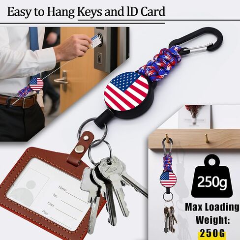2 أجهزة كمبيوتر مفتاح قابلة للسحب ، حامل شارة Carabiner الثقيلة مع بكرة مقطع معرف قابلة للتمديد ، USA Flag Paracord Lanyard ، Cable Cable & Parachute Rope Necklace in Kuwait