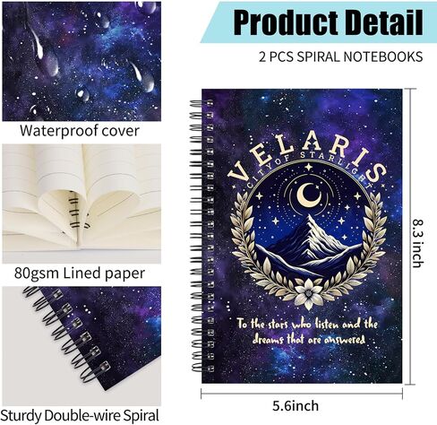 Velaris City of Starlight Gift Velaris Acotar 2Pcs Spiral Notebook Acotar Gifts For Women Acotar Fans Gift Velaris book journal for book lovers(Spiral- 2Pcs VELARIS BLACK) in Saudi Arabia