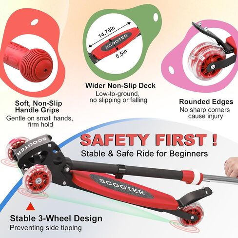 Scooter for Kids 3-5 5-7,Light up 3 Wheels Kick Scooter,Heavy Duty Folding Lean-to-Steer Scooters with 3 Adjustable Handlebar for Boys Girls, Widen Anti-Slip Deck, Rear Break, Holds up to 150Lbs in Kuwait