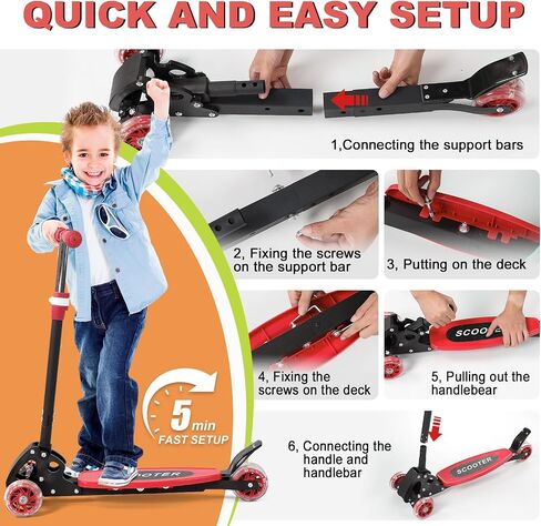 Scooter for Kids 3-5 5-7,Light up 3 Wheels Kick Scooter,Heavy Duty Folding Lean-to-Steer Scooters with 3 Adjustable Handlebar for Boys Girls, Widen Anti-Slip Deck, Rear Break, Holds up to 150Lbs in Kuwait