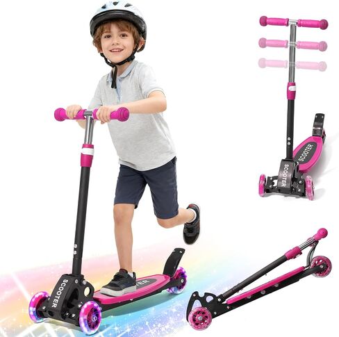 Scooter for Kids 3-5 5-7,Light up 3 Wheels Kick Scooter,Heavy Duty Folding Lean-to-Steer Scooters with 3 Adjustable Handlebar for Boys Girls, Widen Anti-Slip Deck, Rear Break, Holds up to 150Lbs in Kuwait