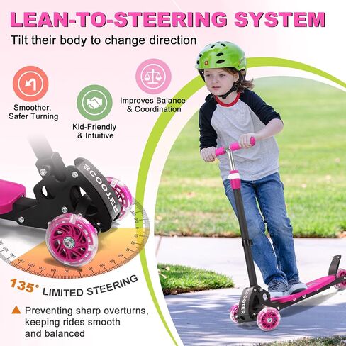 Scooter for Kids 3-5 5-7,Light up 3 Wheels Kick Scooter,Heavy Duty Folding Lean-to-Steer Scooters with 3 Adjustable Handlebar for Boys Girls, Widen Anti-Slip Deck, Rear Break, Holds up to 150Lbs in Kuwait