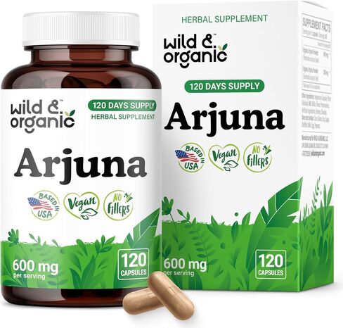Wild & Organic Arjuna Bark Capsules - Overall Support - Arjuna Powder Supplement - 180 Herbal Capsules - 6-Month Supply - Terminalia Bark & Leaf Extract - Vegan, No Fillers, Non-GMO in Saudi Arabia