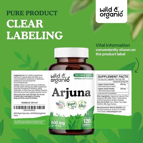 Wild & Organic Arjuna Bark Capsules - Overall Support - Arjuna Powder Supplement - 180 Herbal Capsules - 6-Month Supply - Terminalia Bark & Leaf Extract - Vegan, No Fillers, Non-GMO in Saudi Arabia