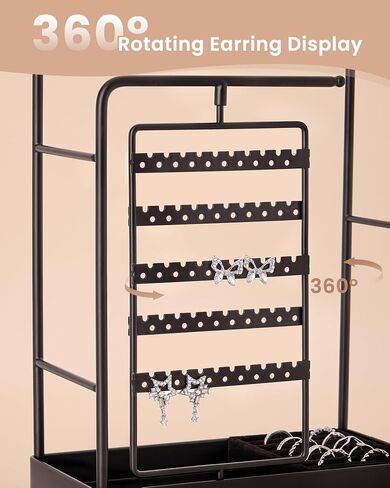 Lolalet Jewelry Stand Organizer, Room Dorm Decor Display Storage with Rotating Earring Holder Hanger and Removable Ring Tray for Necklace Bracelet Bangles Watches Studs -Gold in Saudi Arabia