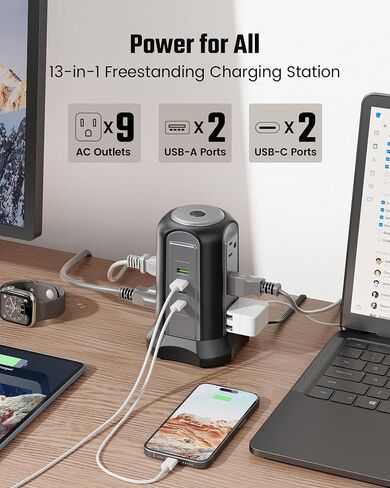 SUPERDANNY Power Strip Tower Surge Protector, Desktop Charging Station, 10 Ft Extension Cord, 9 Outlets, 4 USB Ports, 1080 Joules, 3-Prong, Grounded, Multiple Protections for Home, Office, Deep Brown in Kuwait