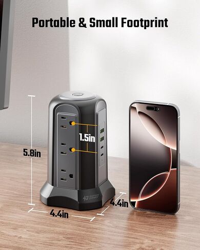 SUPERDANNY Power Strip Tower Surge Protector, Desktop Charging Station, 10 Ft Extension Cord, 9 Outlets, 4 USB Ports, 1080 Joules, 3-Prong, Grounded, Multiple Protections for Home, Office, Deep Brown in Kuwait