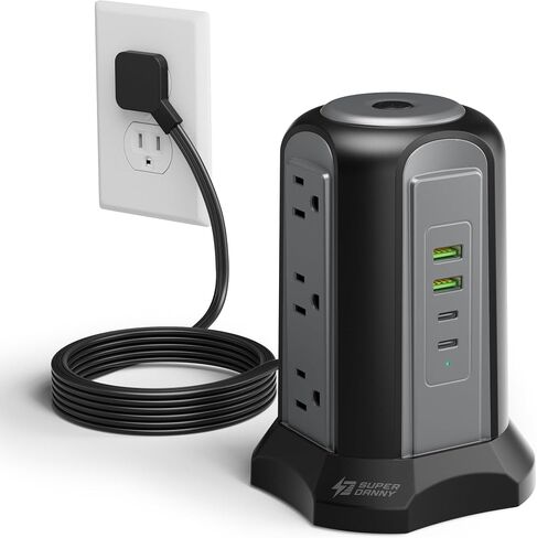 SUPERDANNY Power Strip Tower Surge Protector, Desktop Charging Station, 10 Ft Extension Cord, 9 Outlets, 4 USB Ports, 1080 Joules, 3-Prong, Grounded, Multiple Protections for Home, Office, Deep Brown in Kuwait