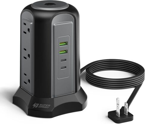 SUPERDANNY Power Strip Tower Surge Protector, Desktop Charging Station, 10 Ft Extension Cord, 9 Outlets, 4 USB Ports, 1080 Joules, 3-Prong, Grounded, Multiple Protections for Home, Office, Deep Brown in Kuwait