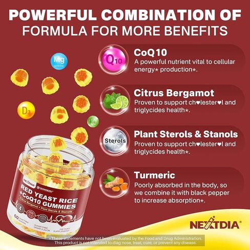 Red Leant Rice Gummies 2400mg مع CoQ10 ، مكملات CHṏlesterṏ Free المتوازنة بالإضافة إلى برغموت الحمضيات ، الدعم الستيرولز والستانولز النباتي ، صحة Vḁsculḁr ، الطاقة ، المناعة لمدة 50+، نباتي ، 60 CTS in Saudi Arabia