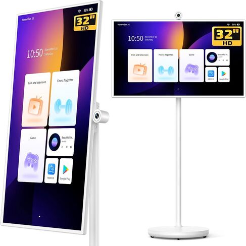 GFF 32-Inch Portable Smart TV on Wheels, Rolling TV with Touch Screen Monitor, 8G RAM +128G Storage, Android 13 OS, Built in Google Assistant, 2K Webcam, Full Swivel Rotation, Remote Control in Saudi Arabia