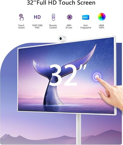 GFF 32-Inch Portable Smart TV on Wheels, Rolling TV with Touch Screen Monitor, 8G RAM +128G Storage, Android 13 OS, Built in Google Assistant, 2K Webcam, Full Swivel Rotation, Remote Control in Saudi Arabia