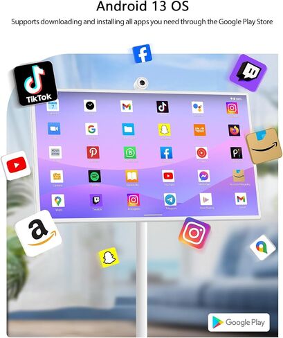 GFF 32-Inch Portable Smart TV on Wheels, Rolling TV with Touch Screen Monitor, 8G RAM +128G Storage, Android 13 OS, Built in Google Assistant, 2K Webcam, Full Swivel Rotation, Remote Control in Saudi Arabia