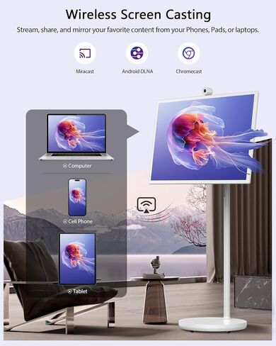 GFF 32-Inch Portable Smart TV on Wheels, Rolling TV with Touch Screen Monitor, 8G RAM +128G Storage, Android 13 OS, Built in Google Assistant, 2K Webcam, Full Swivel Rotation, Remote Control in Saudi Arabia