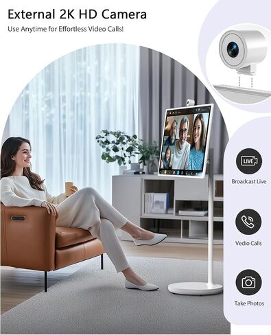 GFF 32-Inch Portable Smart TV on Wheels, Rolling TV with Touch Screen Monitor, 8G RAM +128G Storage, Android 13 OS, Built in Google Assistant, 2K Webcam, Full Swivel Rotation, Remote Control in Saudi Arabia