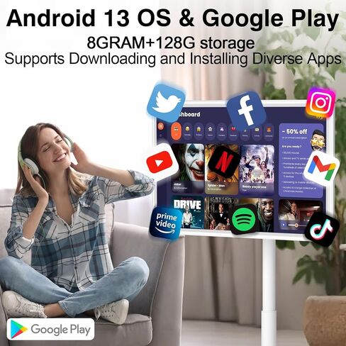 تلفزيون ذكي محمول 32 بوصة على عجلات، شاشة لمس ذكية 4K، جهاز لوحي للتليفزيون المحمول، أندرويد 13، بطارية (5-8 ساعات)، كاميرا 4K، دوران دوار كامل، (8RAM+128GB) جهاز تحكم عن بعد صوتي (32 بوصة Pro) in Saudi Arabia