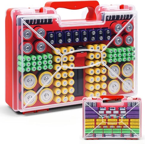 Battery Organizer Storage Case with Tester, Stores 185+ Batteries, Double-Sided with Clear Locking Lid - Red in Saudi Arabia