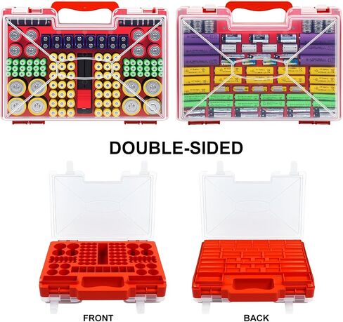 Battery Organizer Storage Case with Tester, Stores 185+ Batteries, Double-Sided with Clear Locking Lid - Red in Saudi Arabia