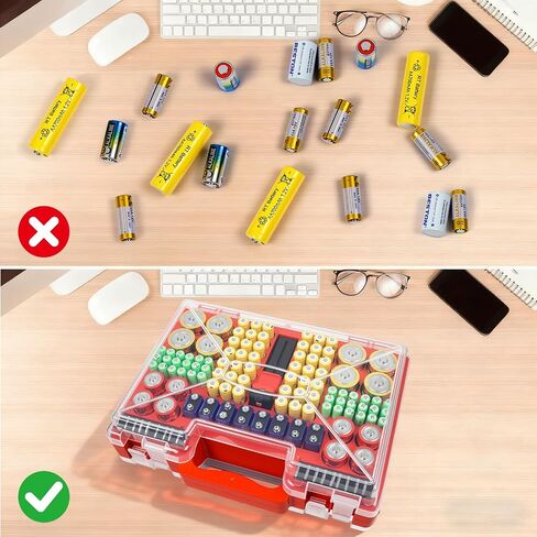 Battery Organizer Storage Case with Tester, Stores 185+ Batteries, Double-Sided with Clear Locking Lid - Red in Saudi Arabia