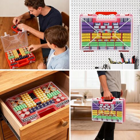 Battery Organizer Storage Case with Tester, Stores 185+ Batteries, Double-Sided with Clear Locking Lid - Red in Saudi Arabia