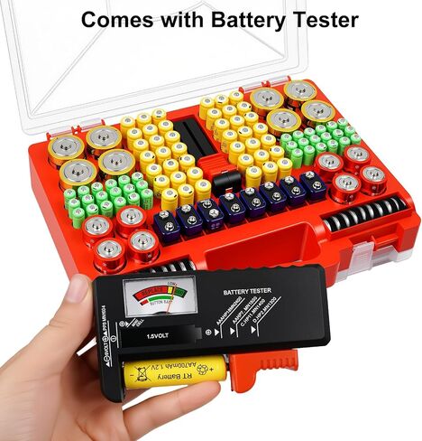 Battery Organizer Storage Case with Tester, Stores 185+ Batteries, Double-Sided with Clear Locking Lid - Red in Saudi Arabia